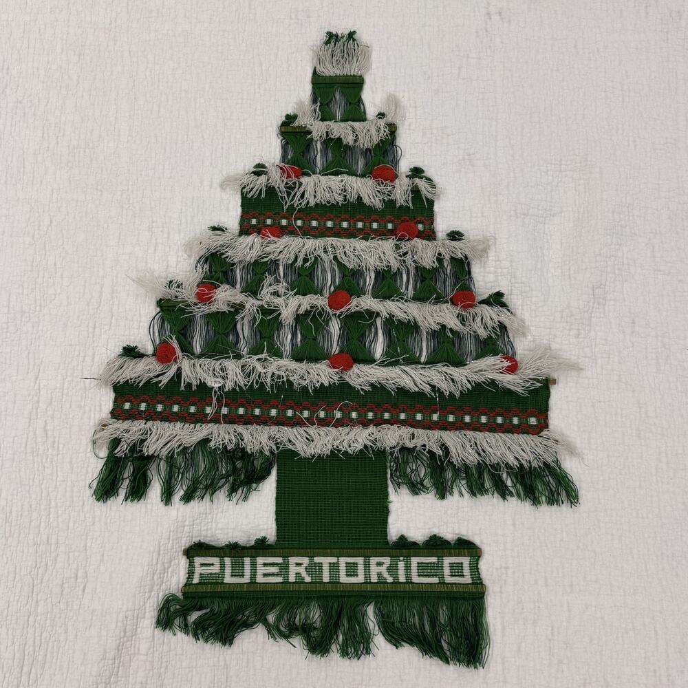 Vintage 70s Macrame Pom Christmas Holiday Tree Wall Hanging Puerto Rico